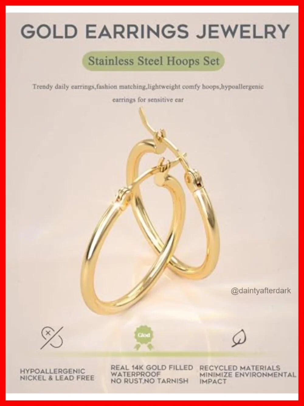 4 Pair Stainless Steel Hoop Earrings Set Gold Plated Hypoallergenic